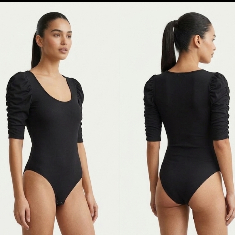 H&M Black Puff Sleeve Bodysuit Square Neck Ribbed Minimalist Chic S